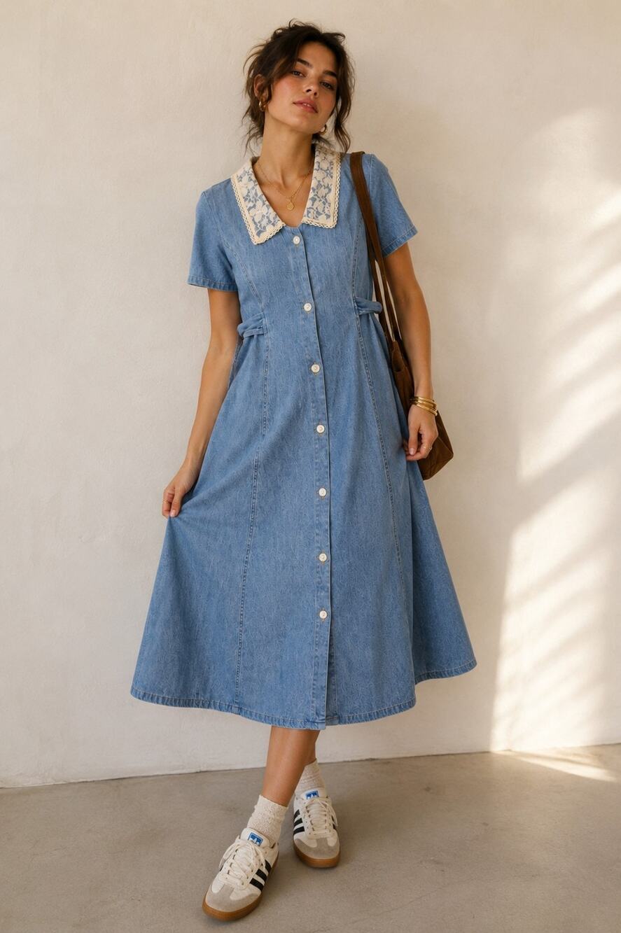 Vtg 90s L.A. Chic Denim Maxi Dress XL 16 Lace Collar Button Front Cottagecore